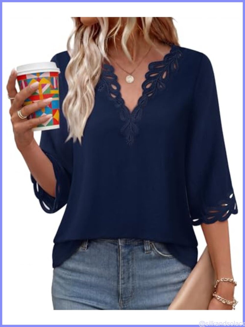 Lotusmile Women's Bohemian Eyelet Embroidery V-Neck 3/4 Sleeve Blouse